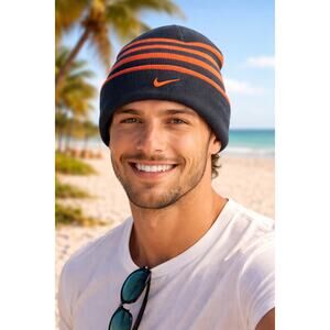 Nike Striped Beanie Navy Orange Swoosh Streetwear Cozy Hat